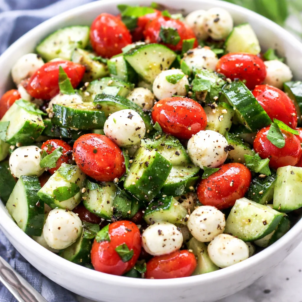 Cucumber Caprese Salad with mozzarella, tomatoes, basil, and balsamic glaze.