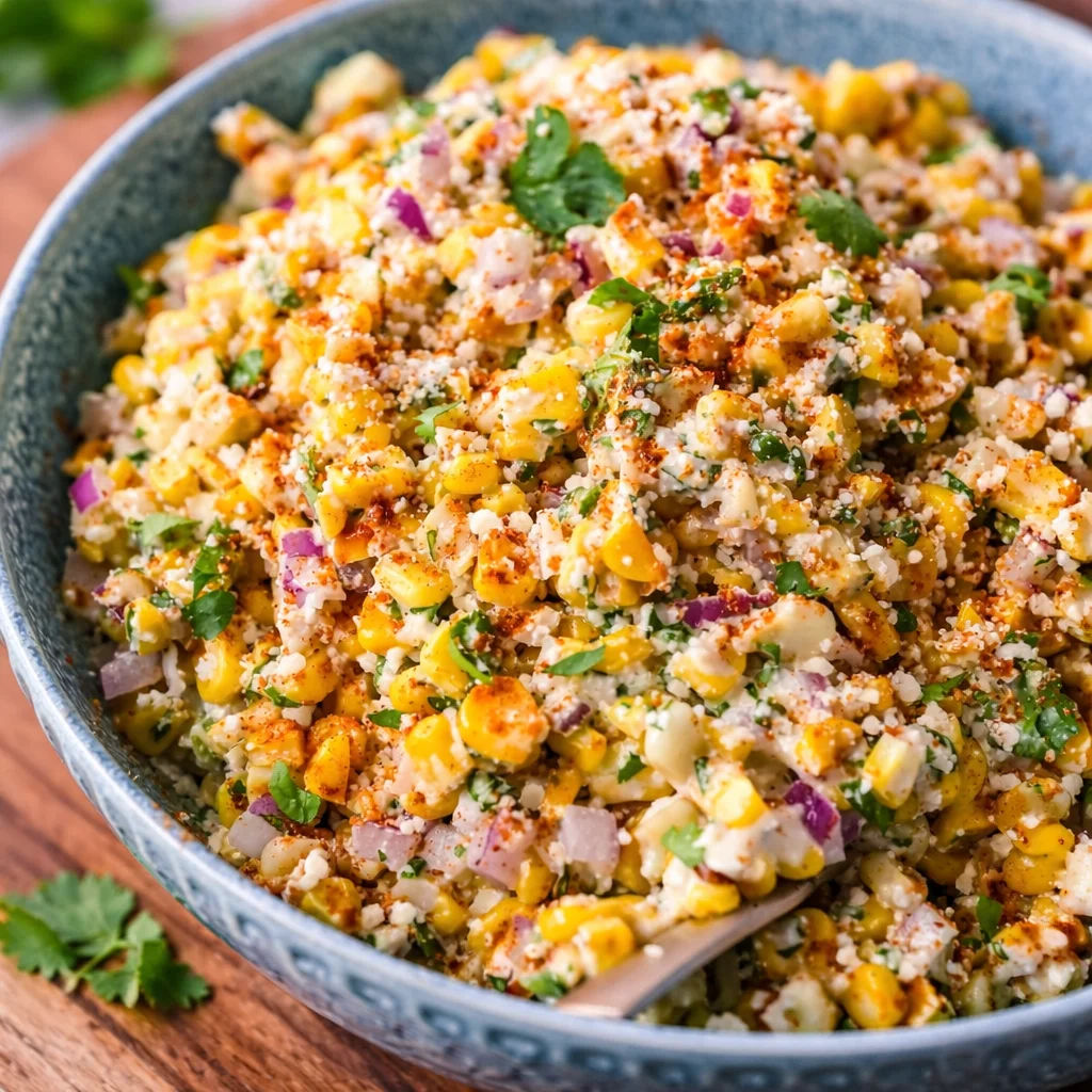 Delicious Mexican Street Corn Salad with grilled corn, creamy dressing, and lime.