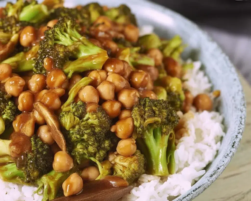 Garlic Broccoli Stir Fry with Chickpeas served in a bowl