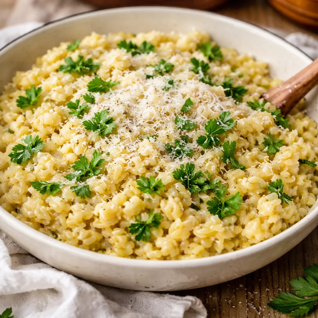 Delicious Garlic Parmesan Orzo Pasta in a creamy sauce