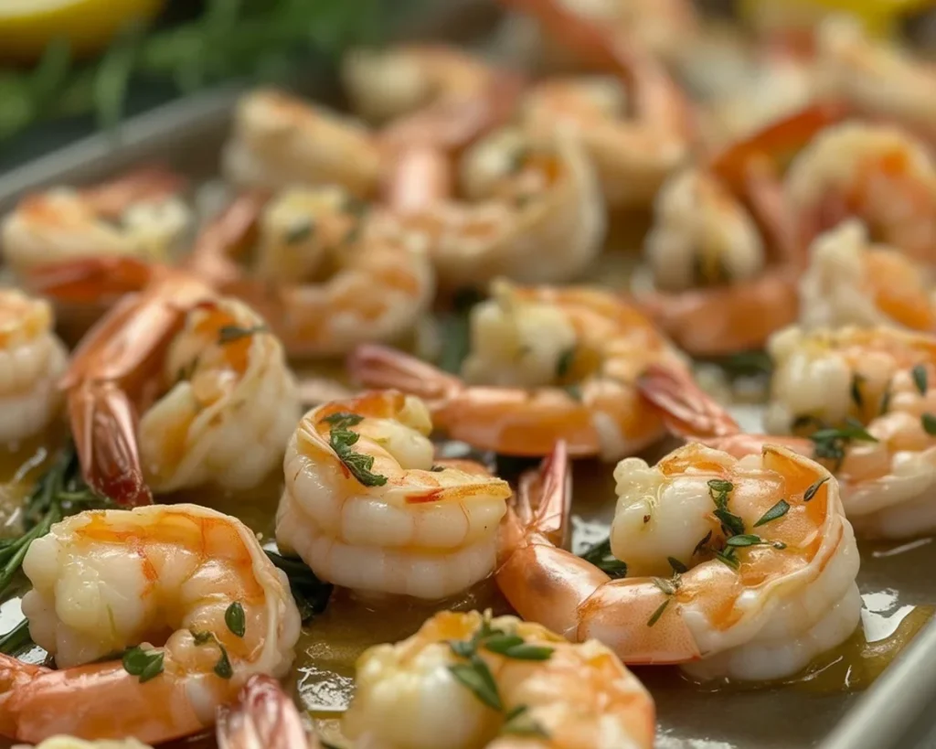 Deliciously roasted garlic parmesan shrimp on a serving plate.