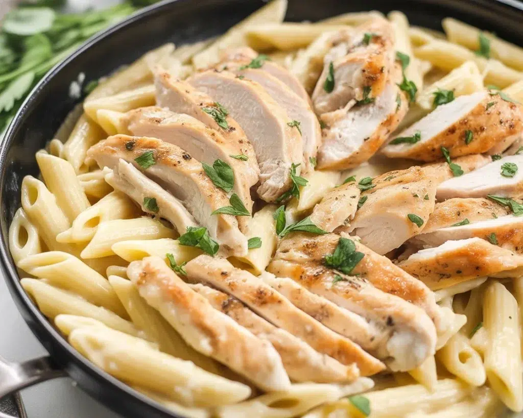 Creamy Garlic Parmesan Chicken Pasta with tender chicken and fettuccine noodles