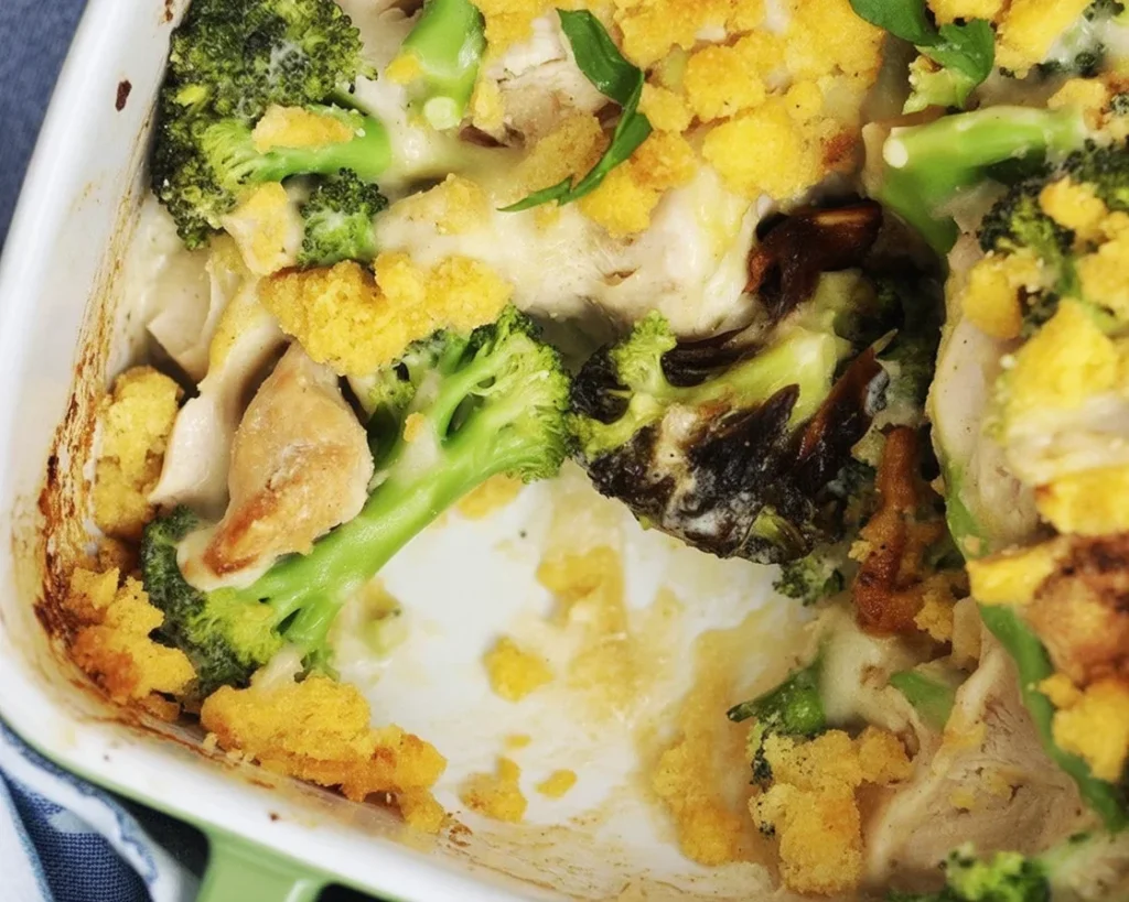 Low-Carb Chicken Casserole with chicken, broccoli, and melted cheese in a baking dish