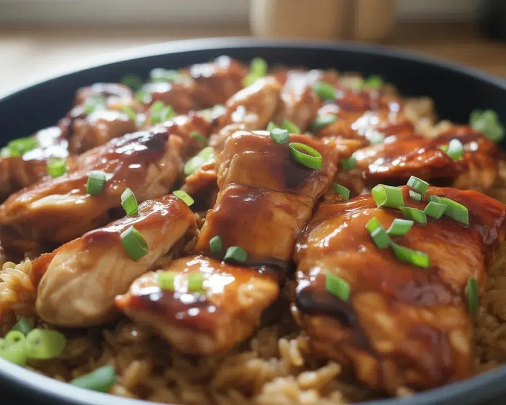 Delicious Honey BBQ Chicken Rice Bowl with vegetables and savory flavors