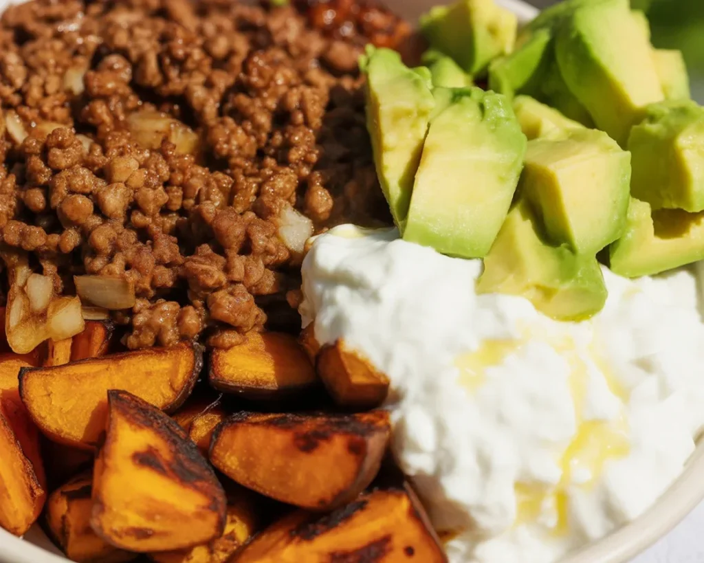 A delicious Ground Beef Hot Honey Bowl featuring sweet potatoes, avocado, and cottage cheese.