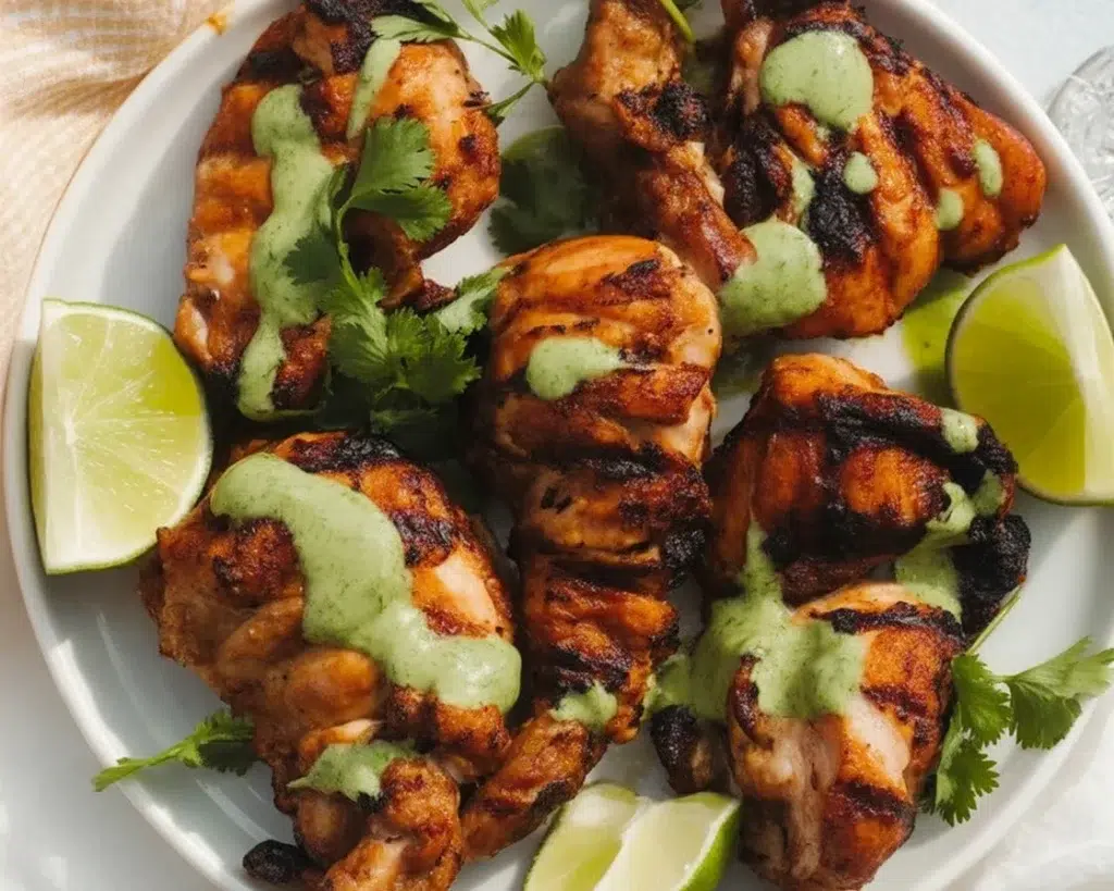 Juicy Peruvian Chicken (Pollo a la Brasa) served with creamy green sauce and vibrant herbs.