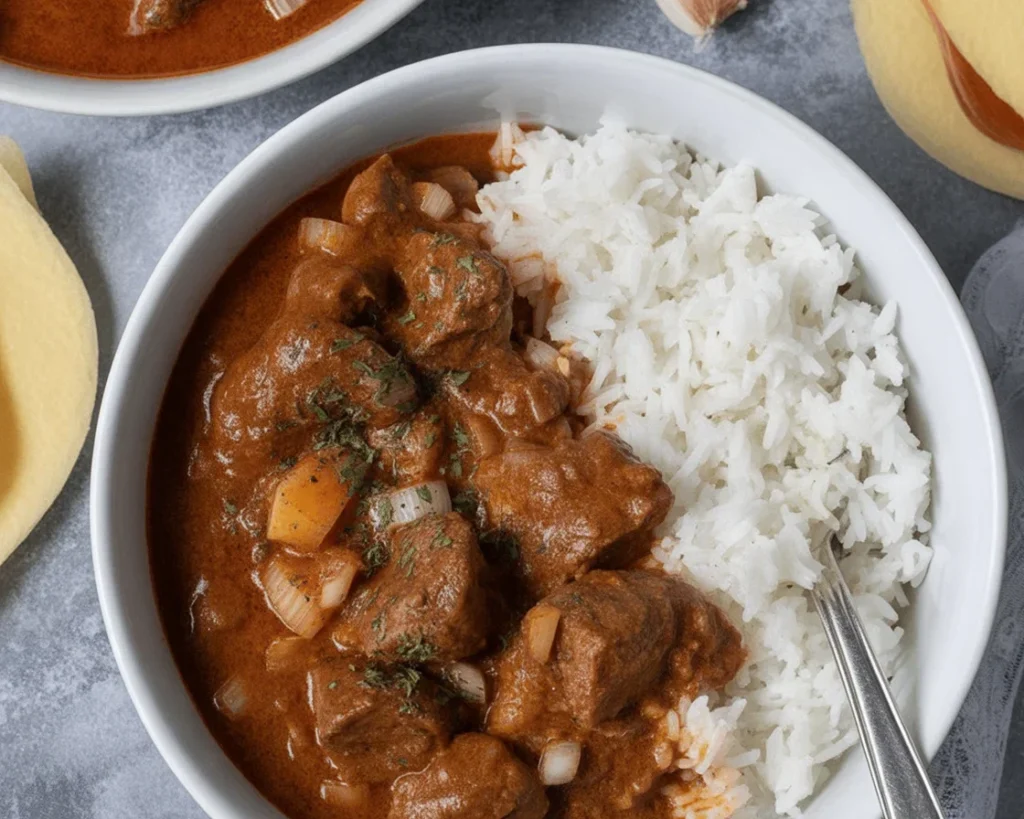 Slow Cooker Indian Beef Curry with tender beef and aromatic spices in a bowl.