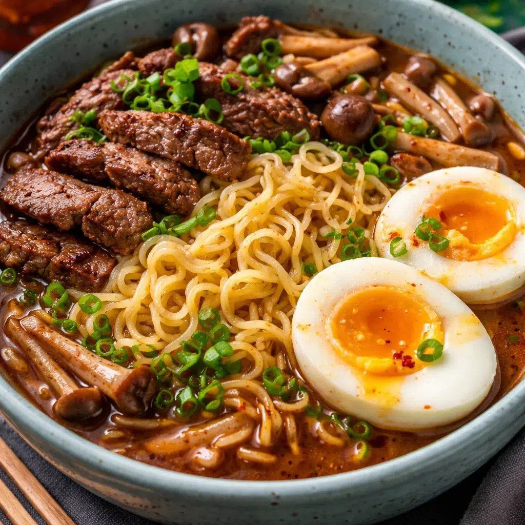 Delicious Korean Spicy Ramen with Beef topped with green onions and sesame seeds.