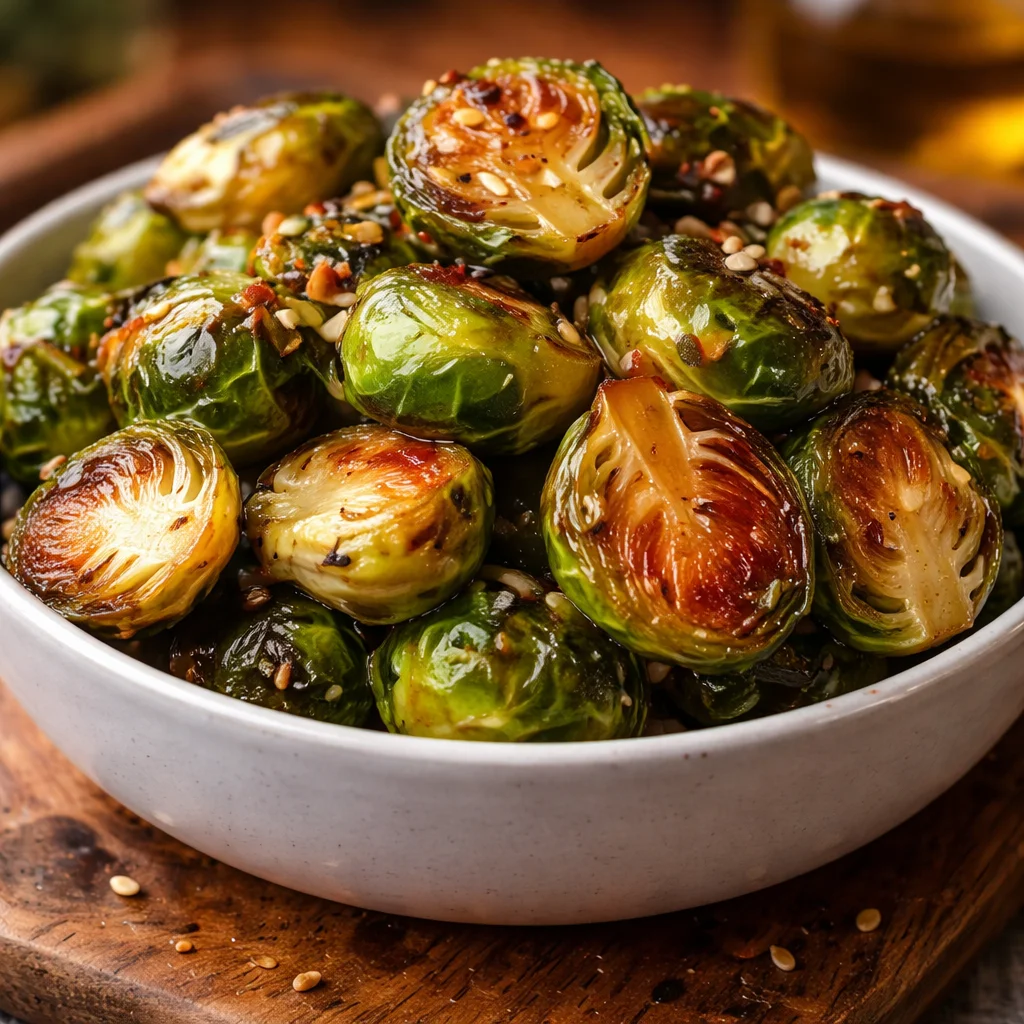 Honey Garlic Roasted Brussels Sprouts with crispy edges and tender bites
