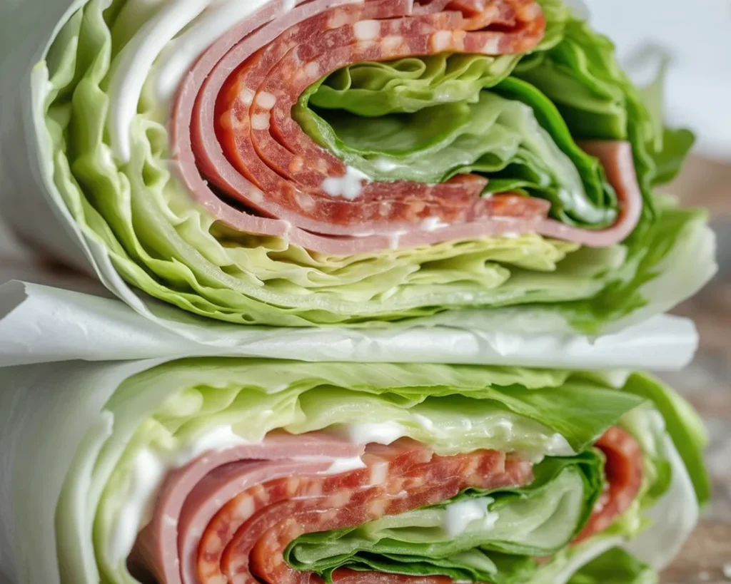 Delicious Easy Keto Italian Lettuce Wrap with pepperoni, salami, and cheese.