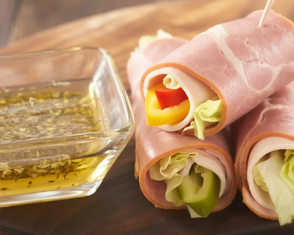 Keto Italian Sub Roll-Ups with ham, cheese, and pepperoni - a low-carb lunch idea