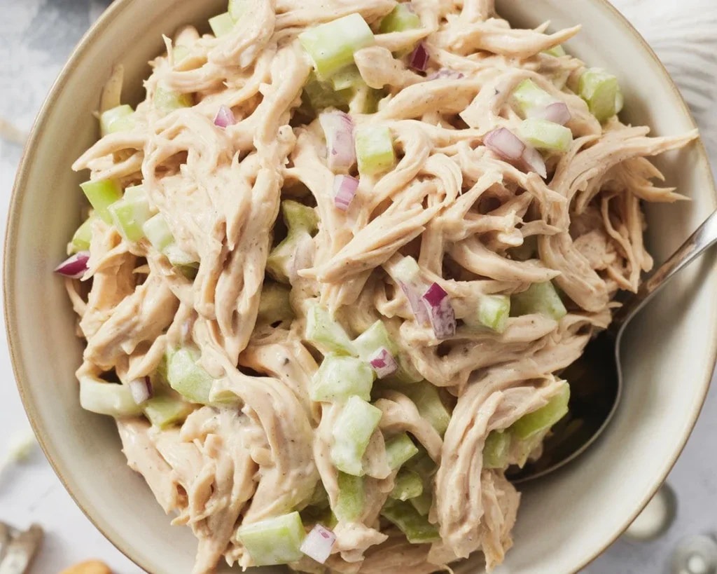 Healthy Chicken Salad with Cottage Cheese and fresh vegetables in a bowl.