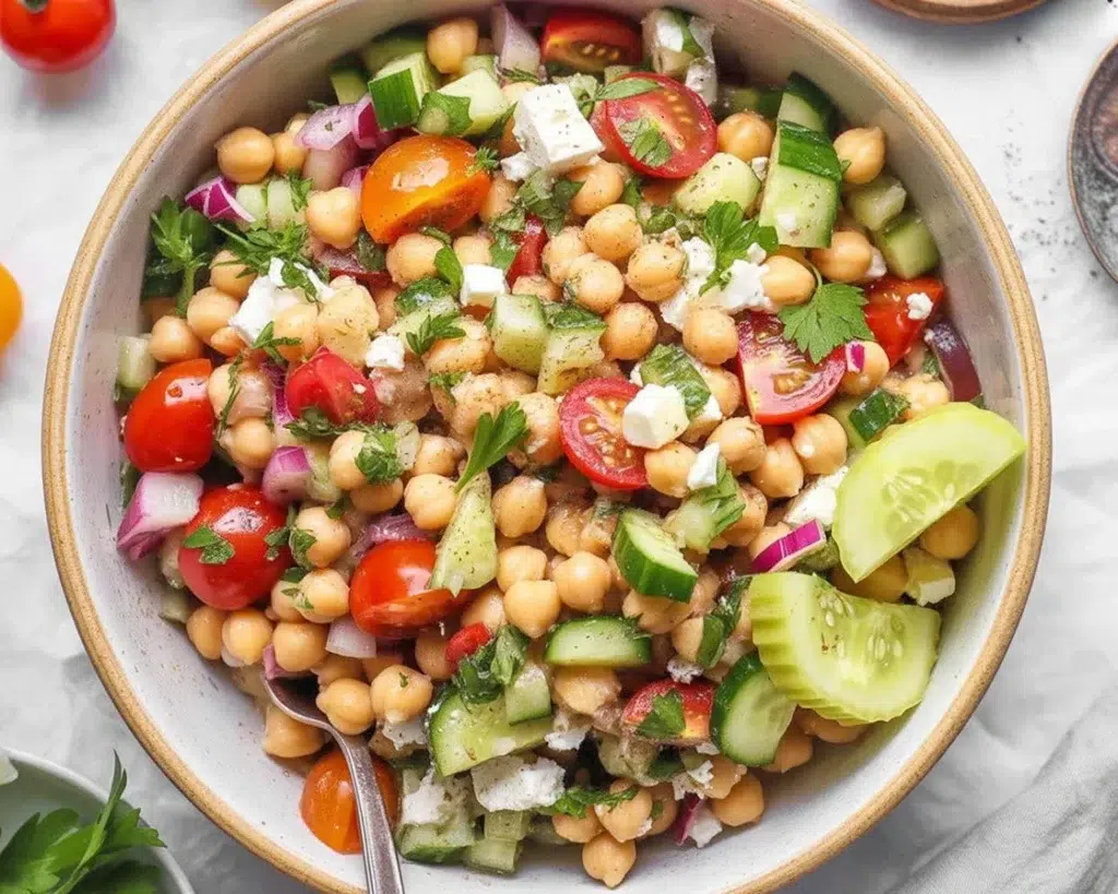 Colorful Mediterranean Chickpea Feta Salad with fresh veggies and feta cheese