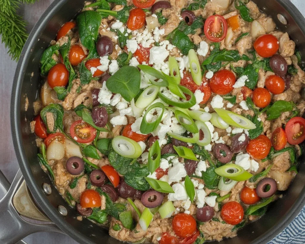 Mediterranean Keto Ground Chicken Skillet with vegetables in a frying pan