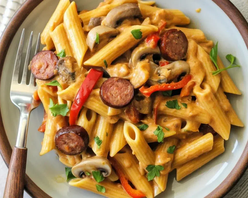 Delicious One Pot Creamy Cajun Sausage Pasta with vegetables served in a bowl.