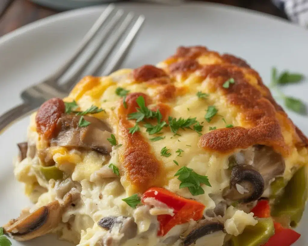 Delicious Philly Cheesesteak Casserole made with beef, peppers, and creamy cheese.