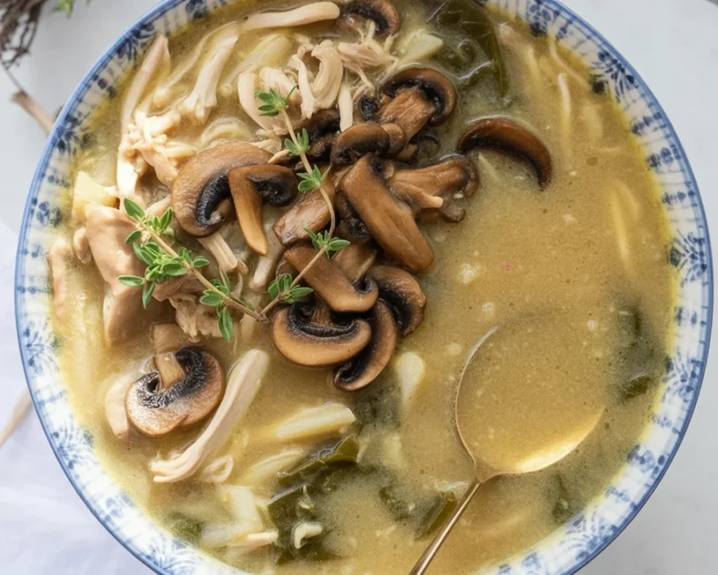 Bowl of creamy Rotisserie Chicken Mushroom Soup garnished with herbs