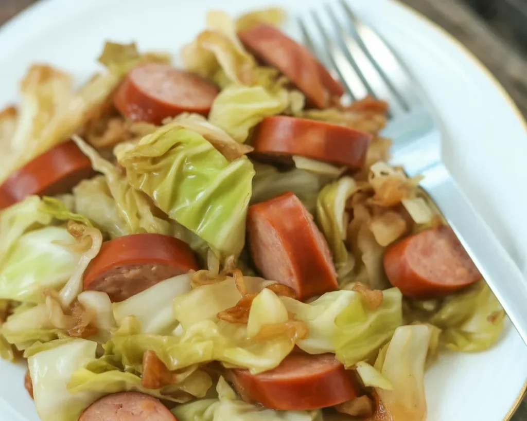 Delicious Sausage and Cabbage Stir Fry with kielbasa and fresh cabbage in a frying pan.