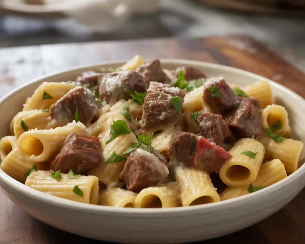 Cajun Steak Tips in Cheesy Rigatoni Parmesan Sauce served in a bowl.