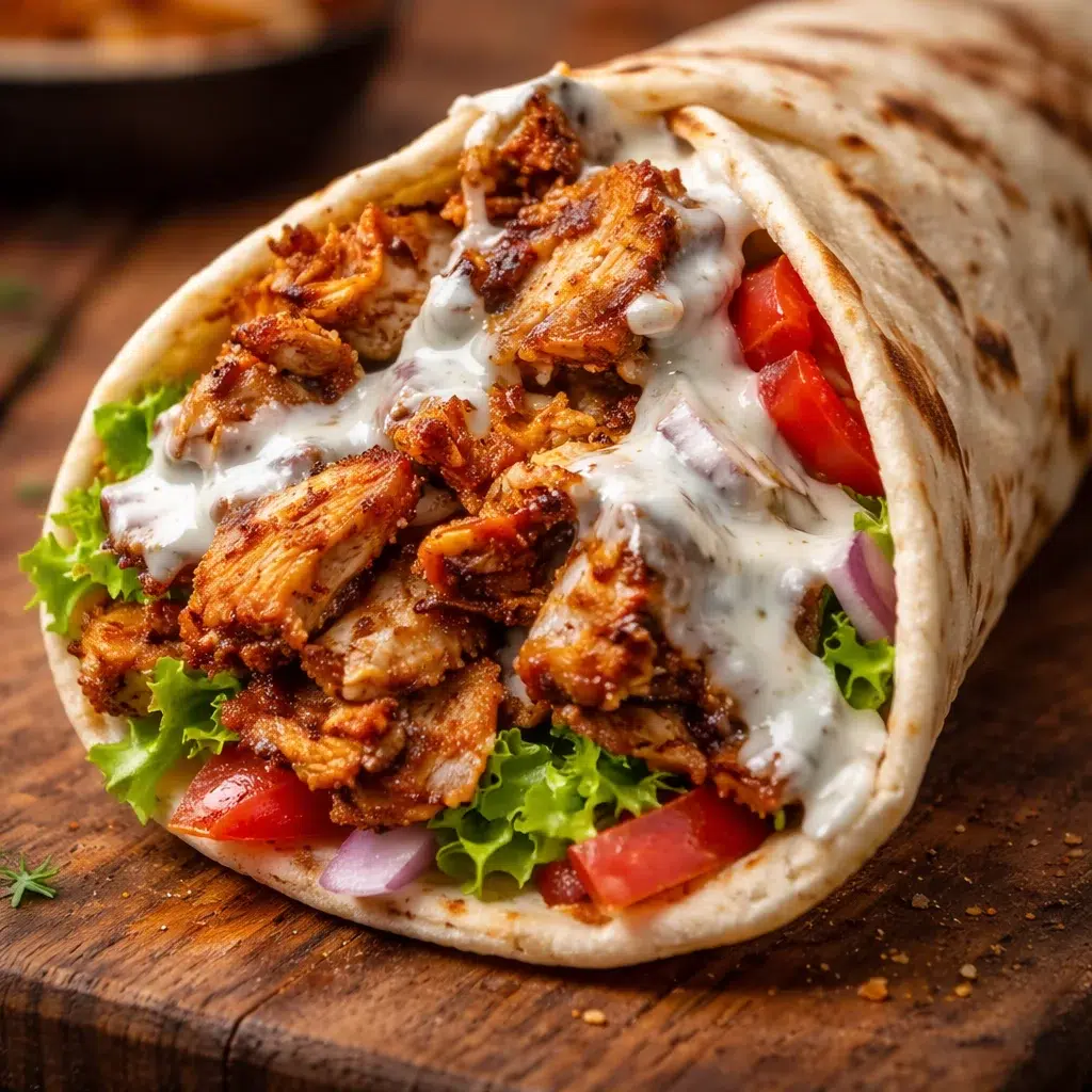 Delicious Chicken Shawarma with Creamy Garlic Sauce wrapped in pita bread.