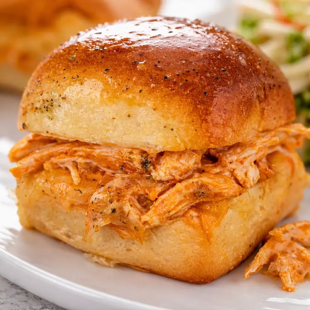 Delicious Buffalo Chicken Sliders topped with ranch and melty cheese on crispy buns.