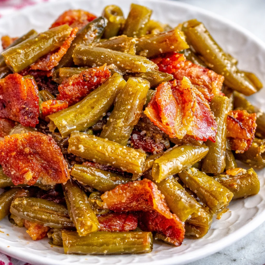 Delicious Crack Green Beans topped with crispy bacon and drizzled in sweet brown sugar sauce.