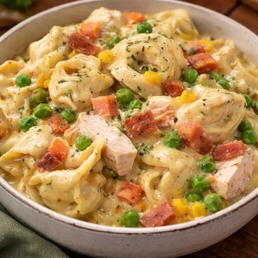 Crockpot Cheddar Chicken Pot Pie Tortellini served in a bowl, garnished with herbs.