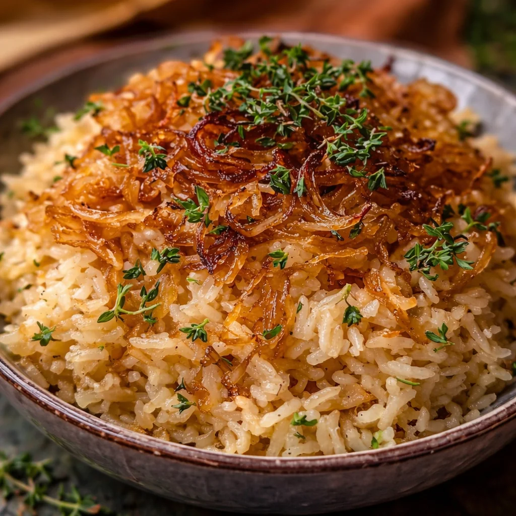 A bowl of creamy French Onion Butter Rice topped with caramelized onions and herbs.