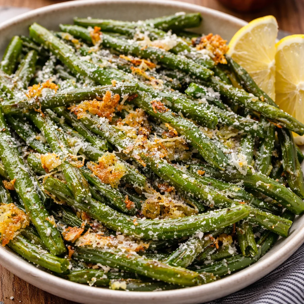 Delicious Garlic Parmesan Roasted Green Beans garnished with parmesan cheese and herbs.