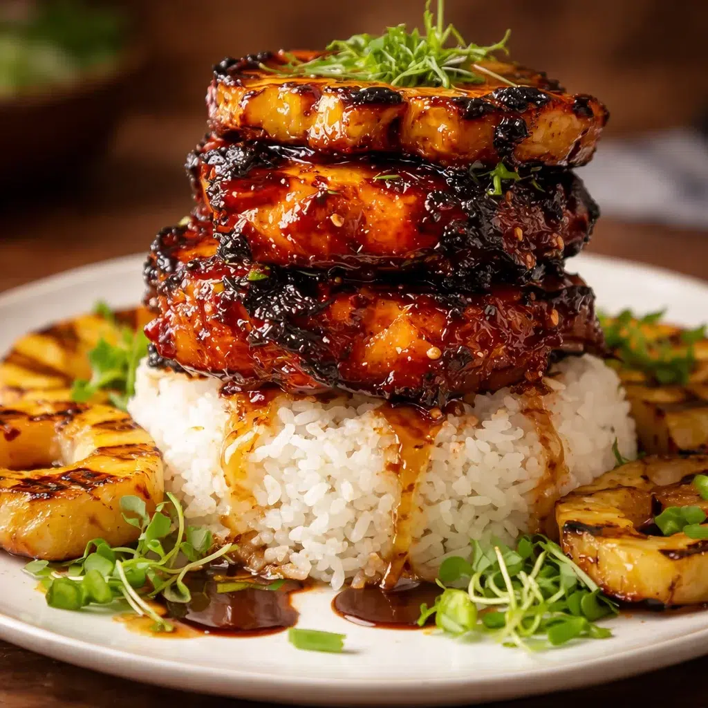 Hawaiian Huli Huli Chicken Stack with layers of grilled chicken and pineapple.