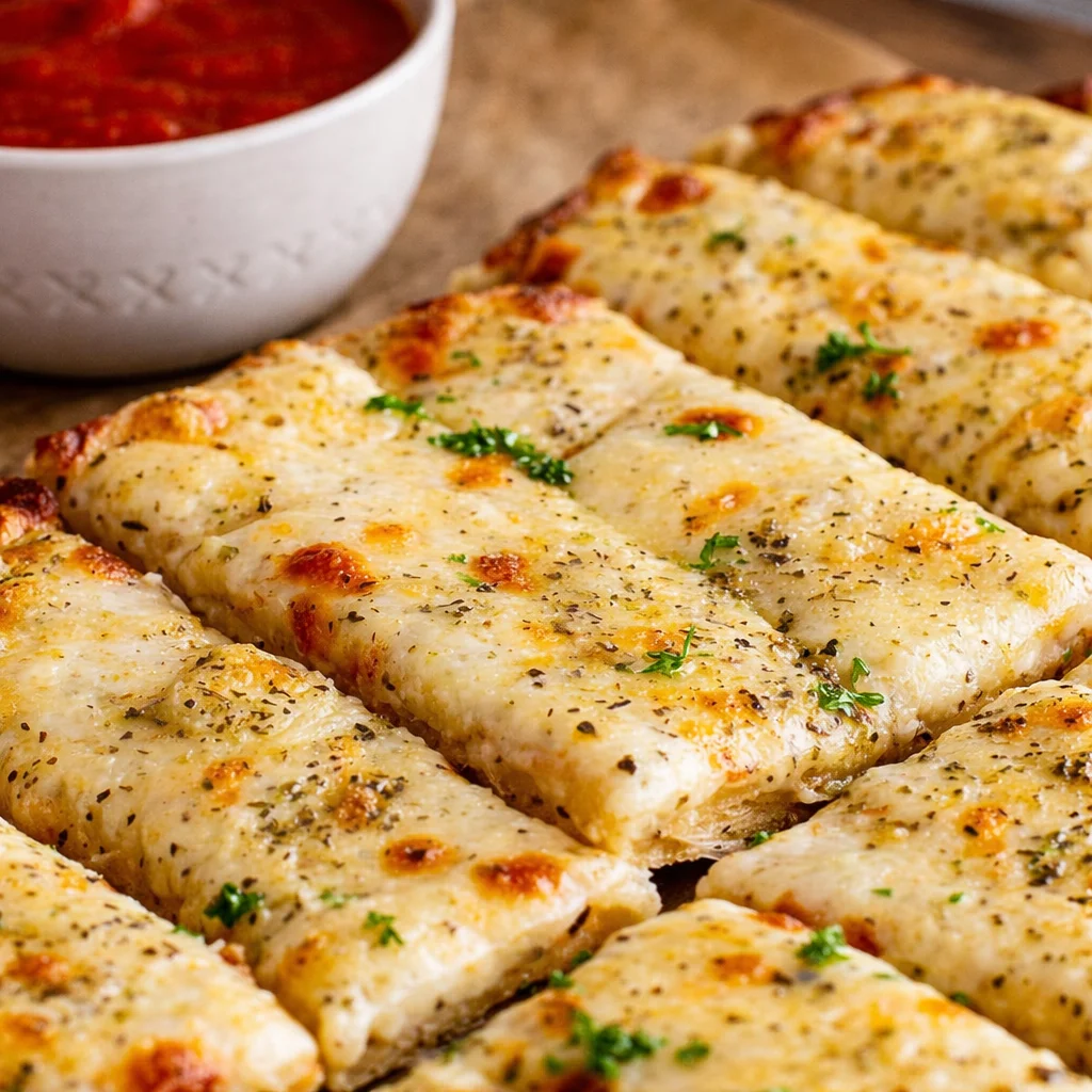 Delicious homemade cheesy breadsticks served with marinara sauce.