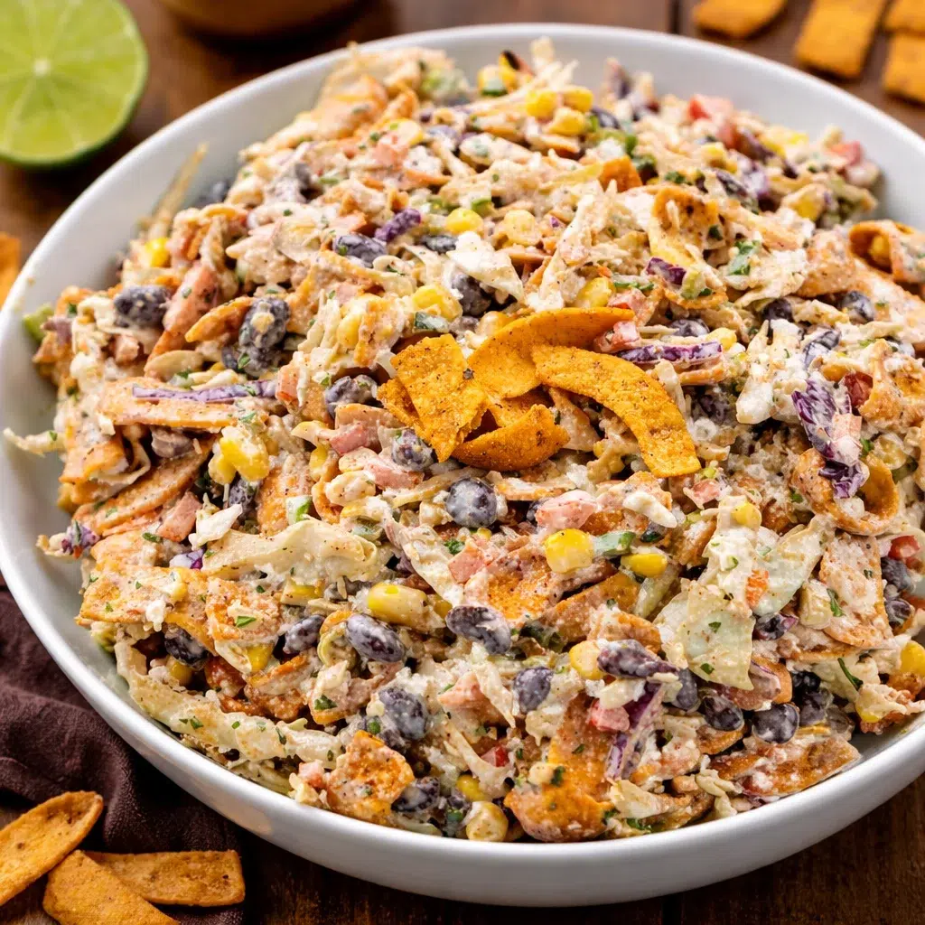 Bowl of Cowboy Cabbage salad with beans, corn, and fresh vegetables