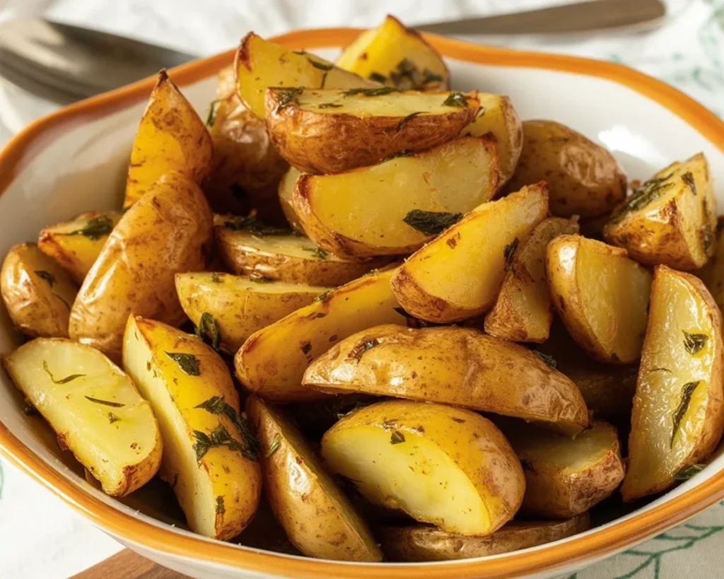 Crispy Greek potatoes with lemon and garlic, roasted to golden perfection.