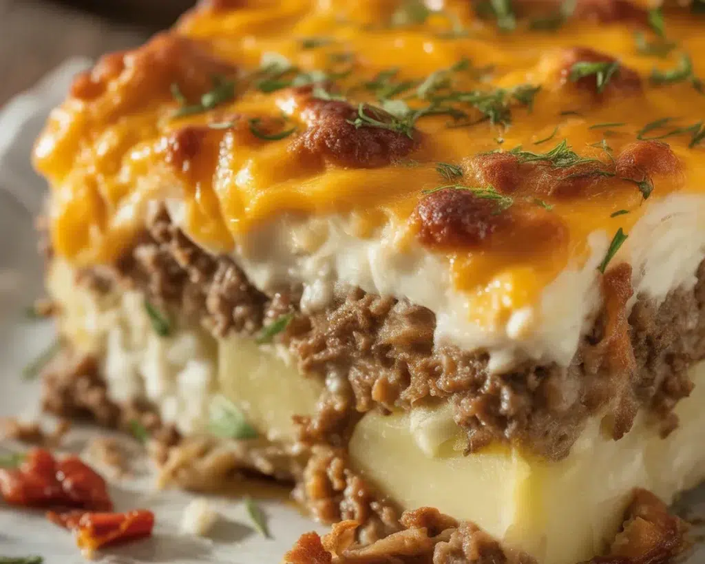 Comfort food featuring Meatloaf with Mashed Potatoes and melted cheese on top.
