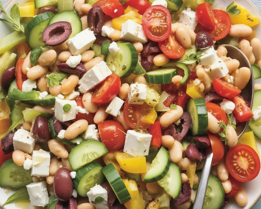 Mediterranean Bean Salad With Feta, featuring beans, fresh vegetables, and lemon vinaigrette