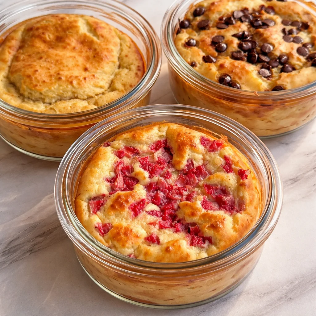 Baked Protein Pancake Bowls topped with fresh berries in a white dish
