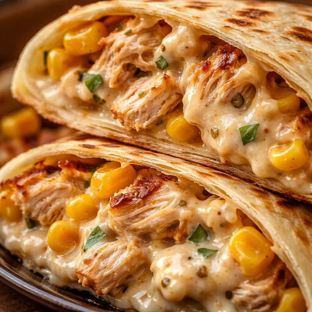 Delicious Cheesy Garlic Chicken Wraps with crispy tortillas and melted cheese.