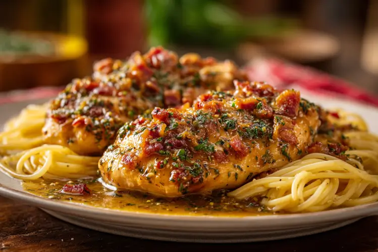 Creamy Chicken Bacon Ranch Pasta with bacon and ranch-flavored cheese sauce