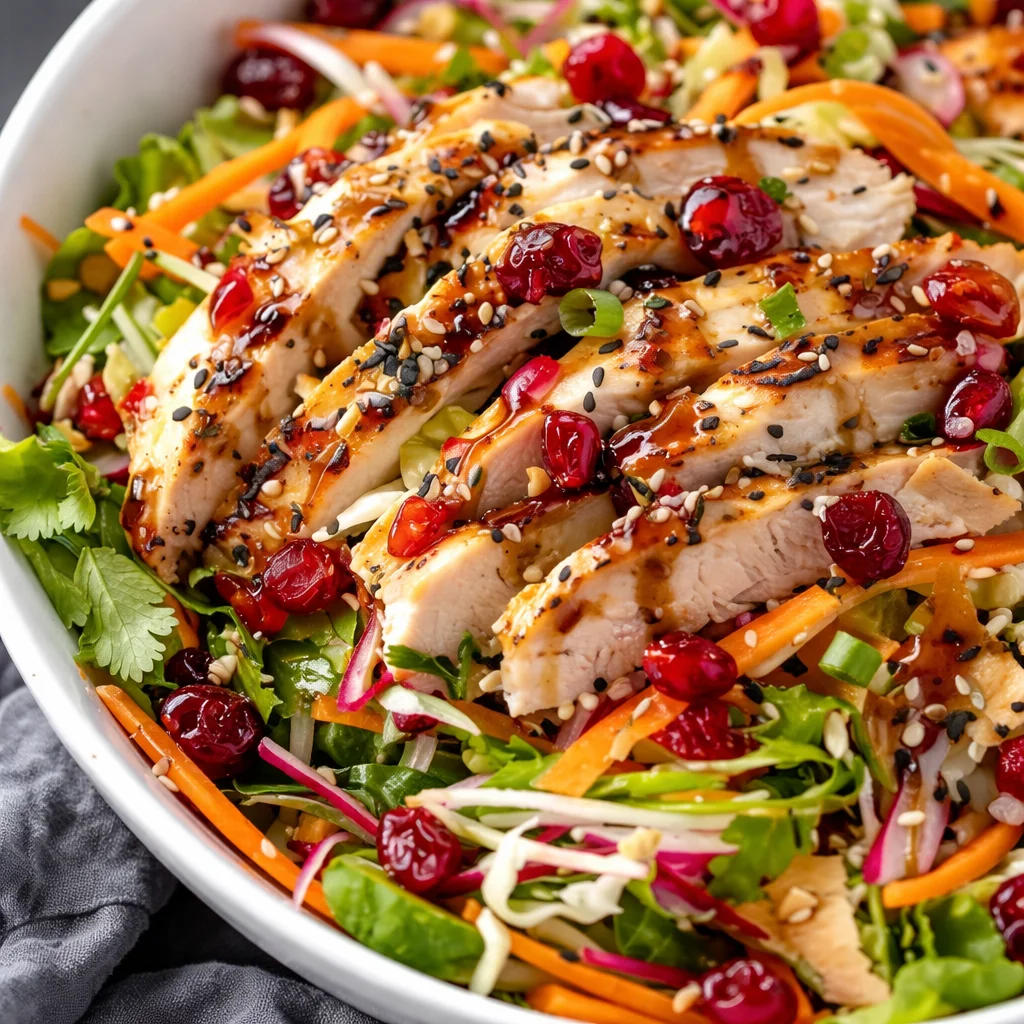 Bowl of Asian Chicken Cranberry Salad with colorful veggies and sesame dressing