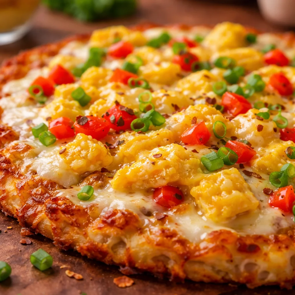 Breakfast Pizza with Hash Brown Crust topped with eggs, bacon, and cheese