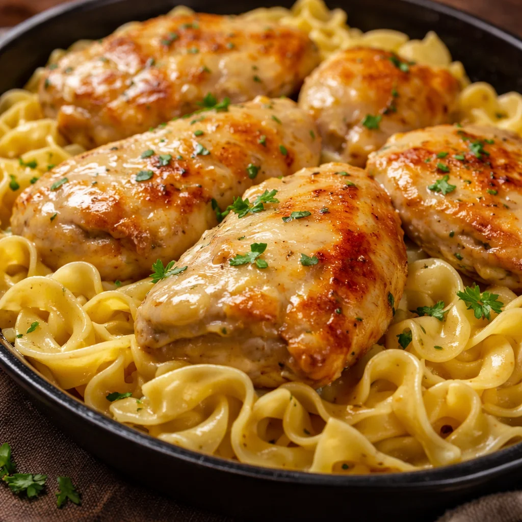Delicious Chicken with Buttered Noodles in creamy garlic sauce with herbs.