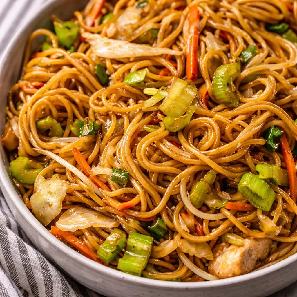 Delicious homemade Chow Mein with chicken, vegetables, and savory sauce
