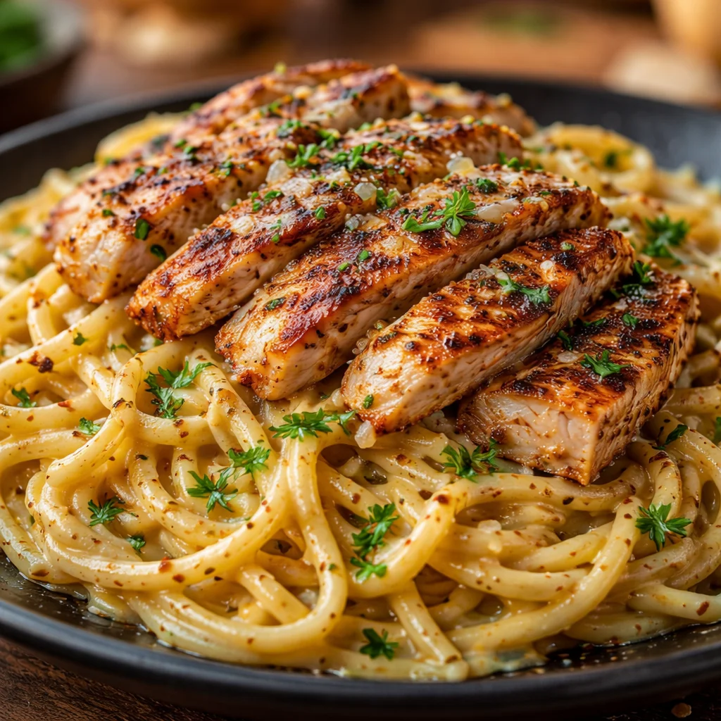 Delicious Cowboy Butter Chicken Linguine with creamy sauce and tender chicken
