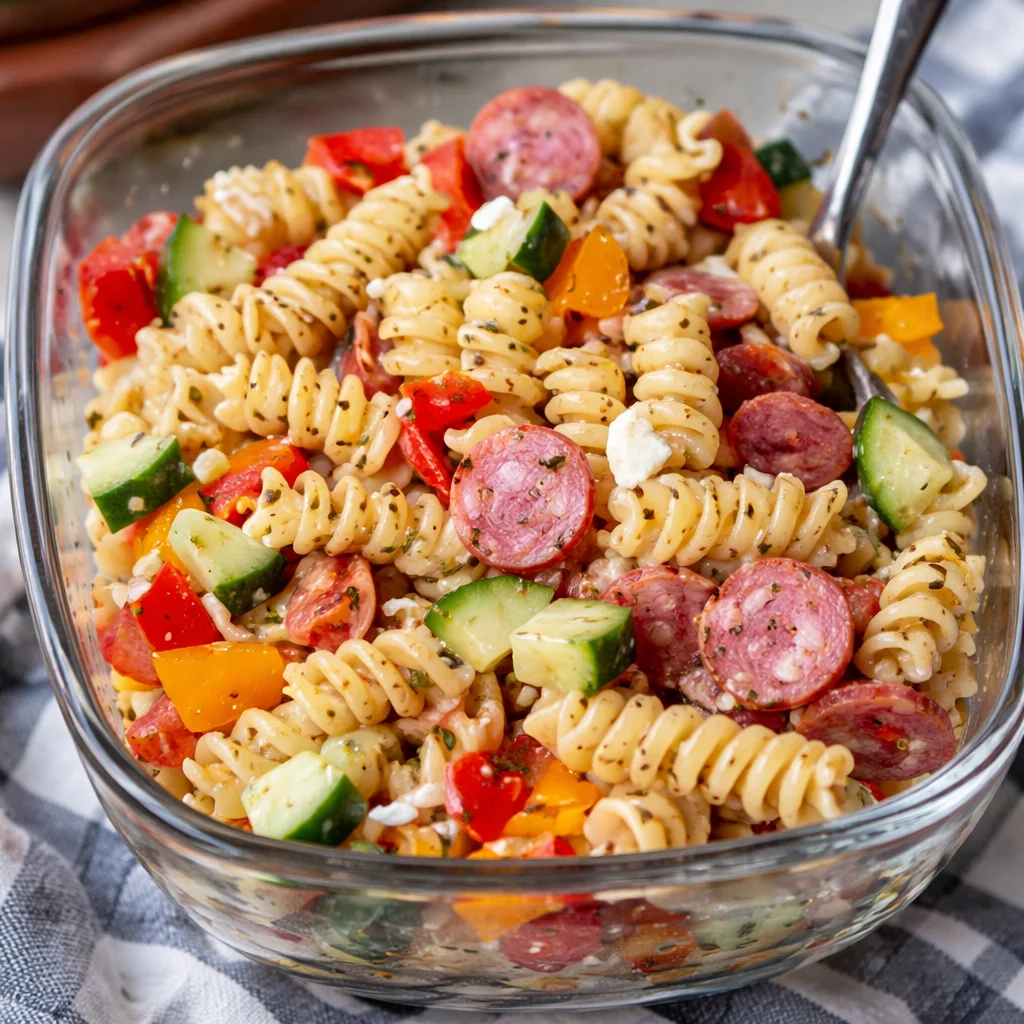 Delicious High-Protein Italian Pasta Salad with fresh veggies and protein-rich ingredients.