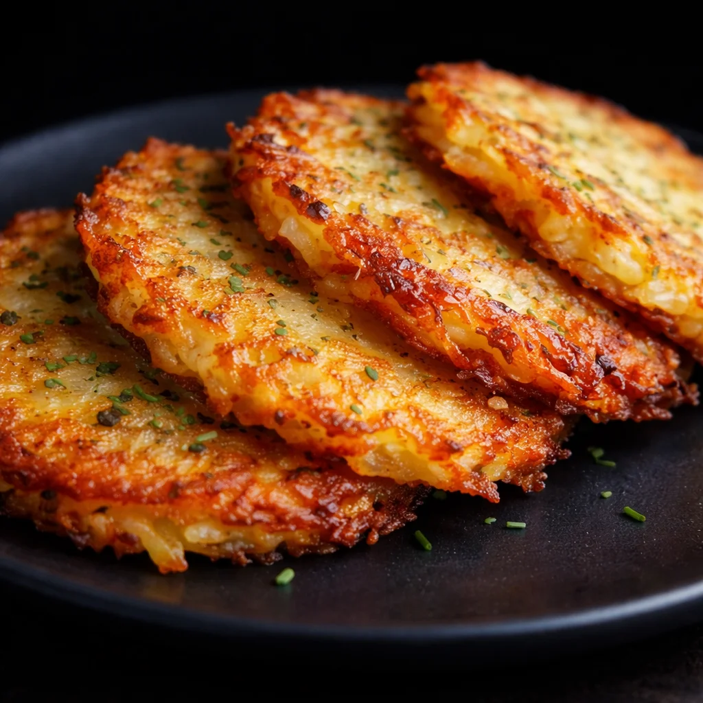 Delicious and crispy Potato Hash Browns served with fresh herbs and a side of eggs.