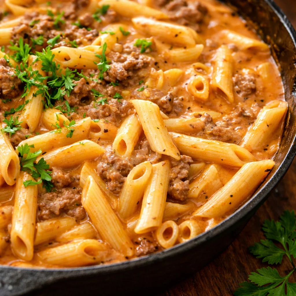 A delicious creamy beef pasta dish prepared in one pot, ideal for quick dinners.