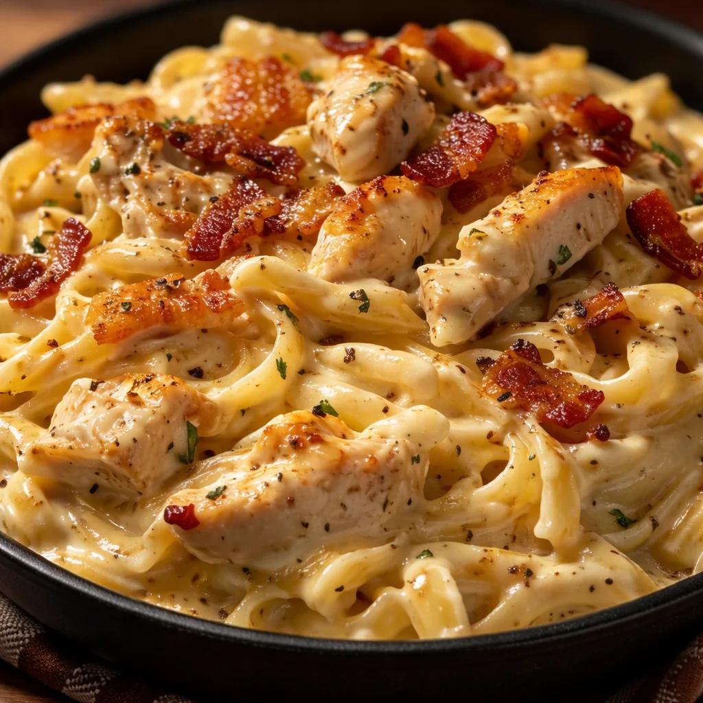 Creamy Chicken Bacon Ranch Pasta with crispy bacon and seasoned chicken.