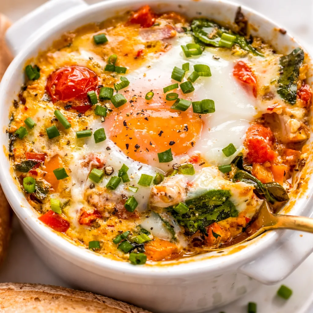Baked Feta Eggs with melted cheese, tomatoes, and fresh herbs served in a skillet