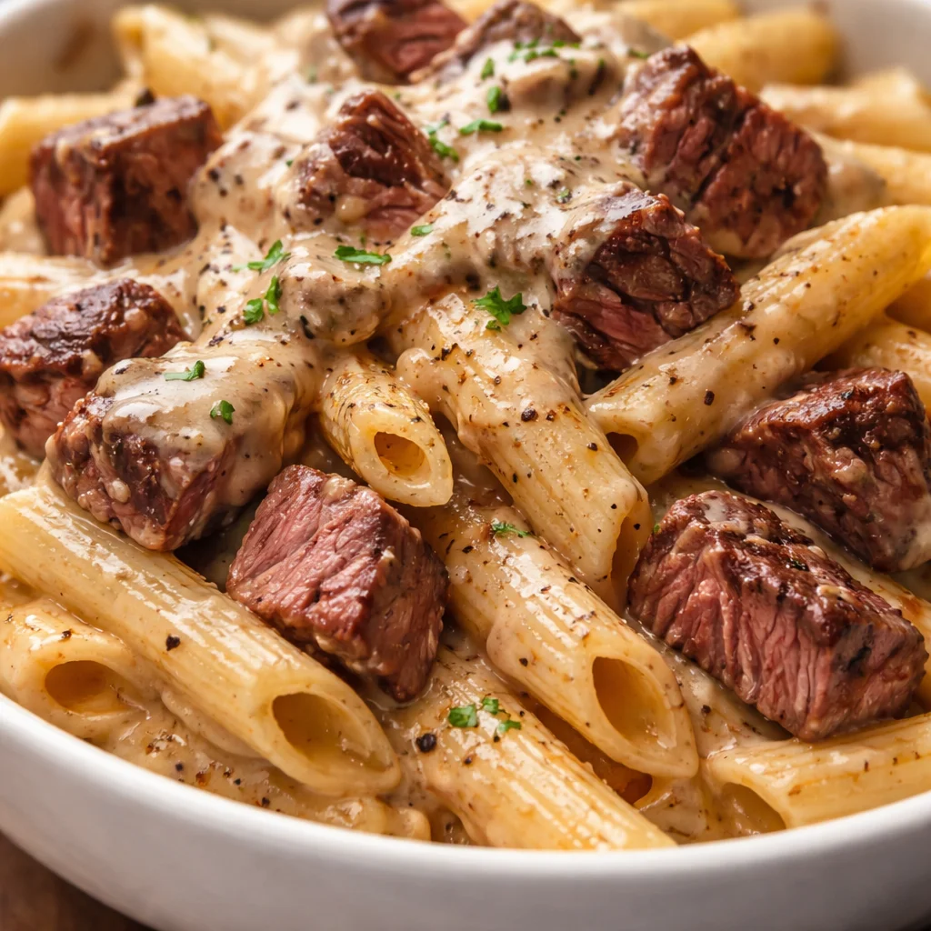 Creamy steak pasta served with Gorgonzola sauce, garnished with parsley.