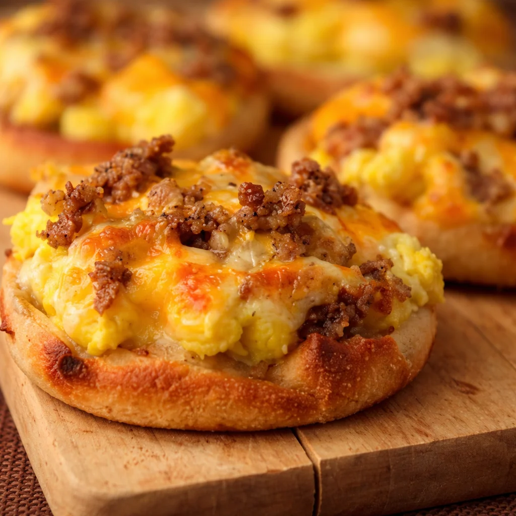 Delicious English Muffin Breakfast Pizza topped with eggs, cheese, and sausage